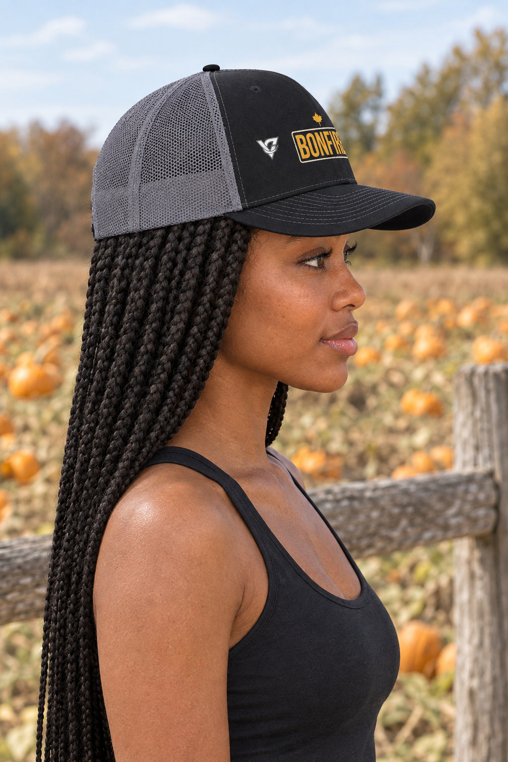 Bonfire Trucker Cap — Vantacore Snapback Hat, AI-generated side-profile product mockup on a fictional adult model