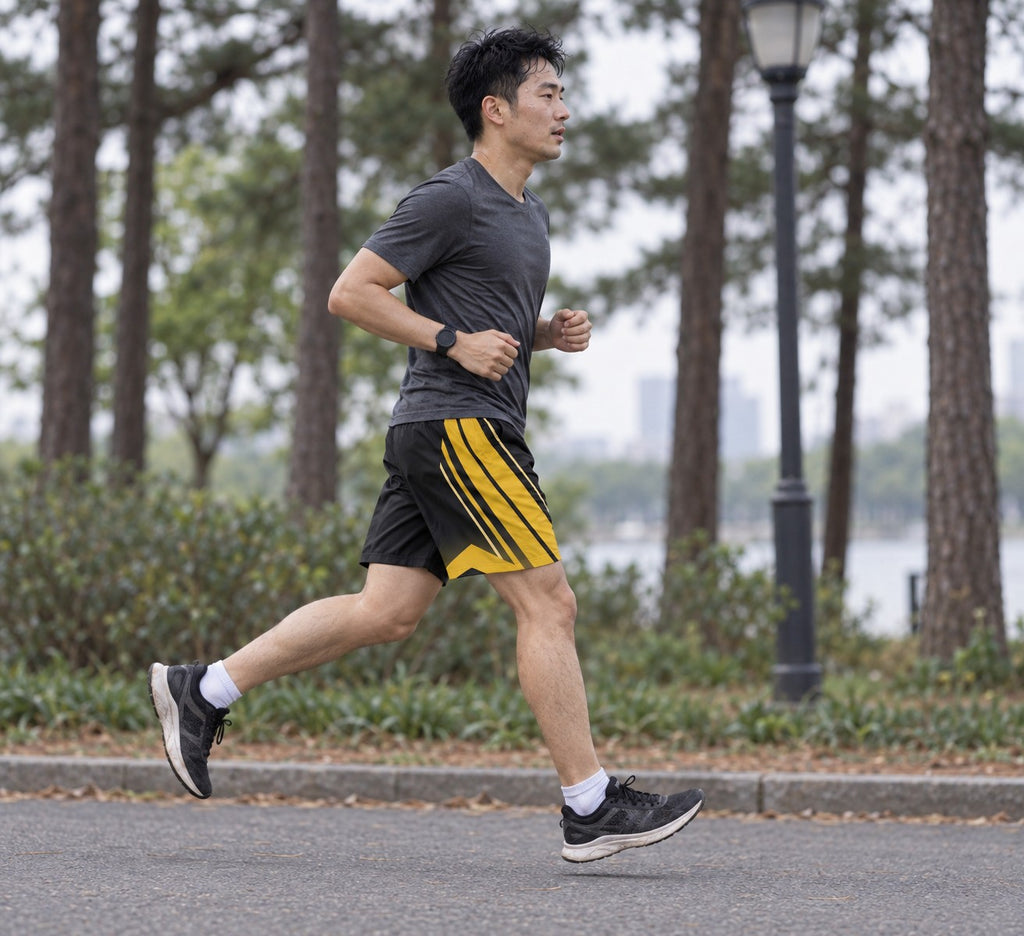 Runner wearing Men's Black & Gold Running Jogger Shorts with Pockets — Athletic Performance AOP — side view