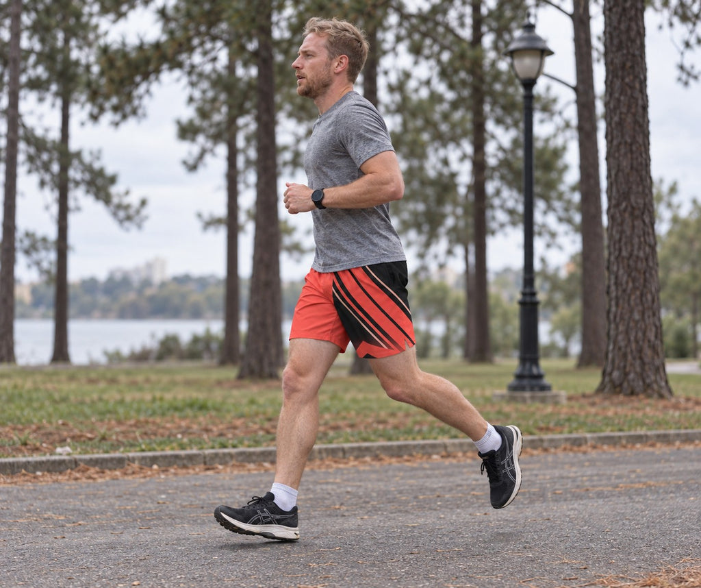 Runner wearing Men's Sunset Coral & Black Running Jogger Shorts with Pockets — Athletic Performance AOP — side view