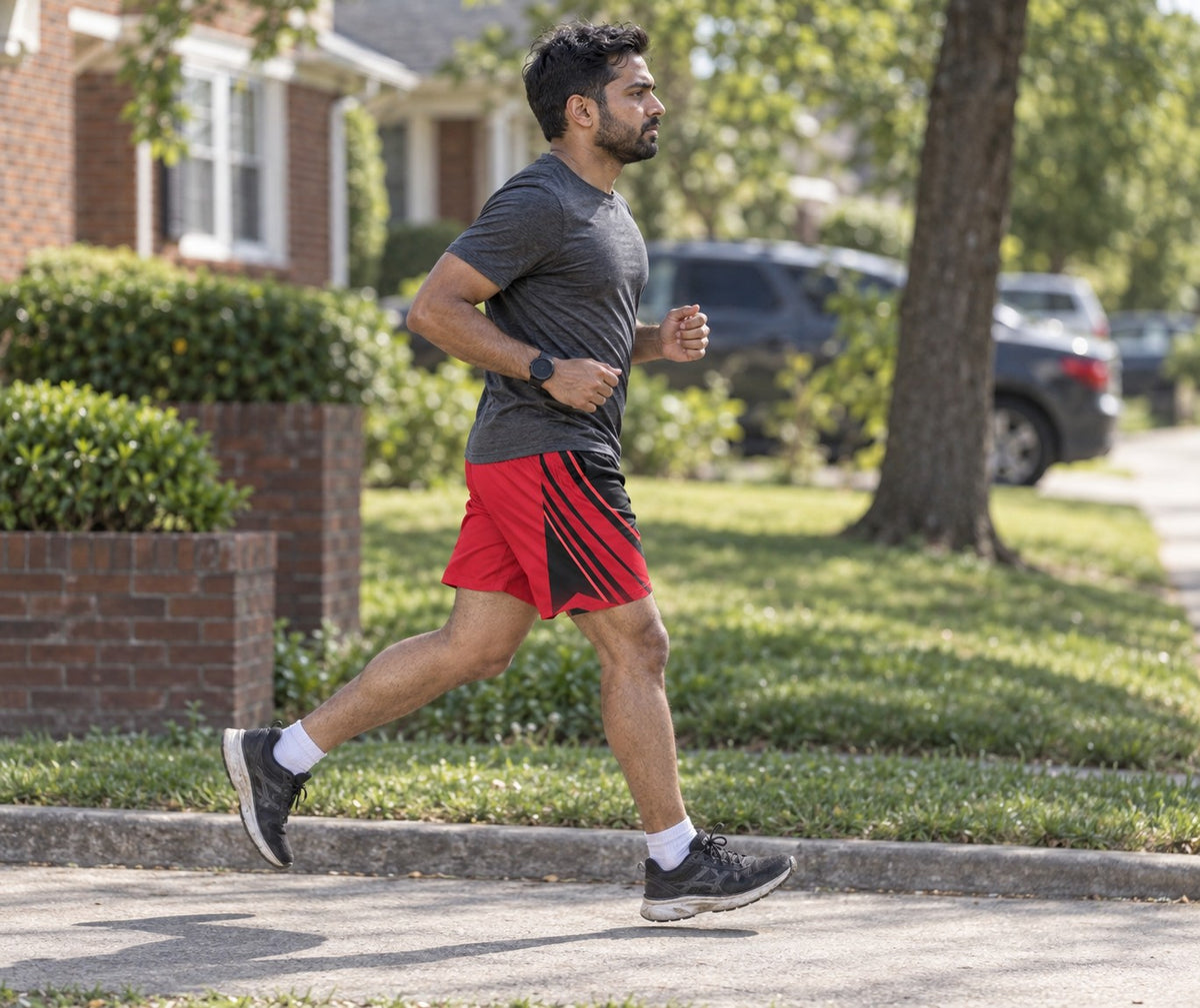 Runner wearing Men's Crimson Red & Black Running Jogger Shorts with Pockets — Athletic Performance AOP — side view