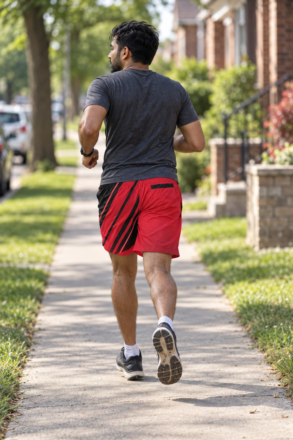 Runner wearing Men's Crimson Red & Black Running Jogger Shorts with Pockets — Athletic Performance AOP — rear view