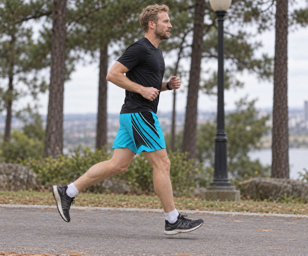 Runner wearing Men's Electric Cyan & Black Running Jogger Shorts with Pockets — Athletic Performance AOP — side view
