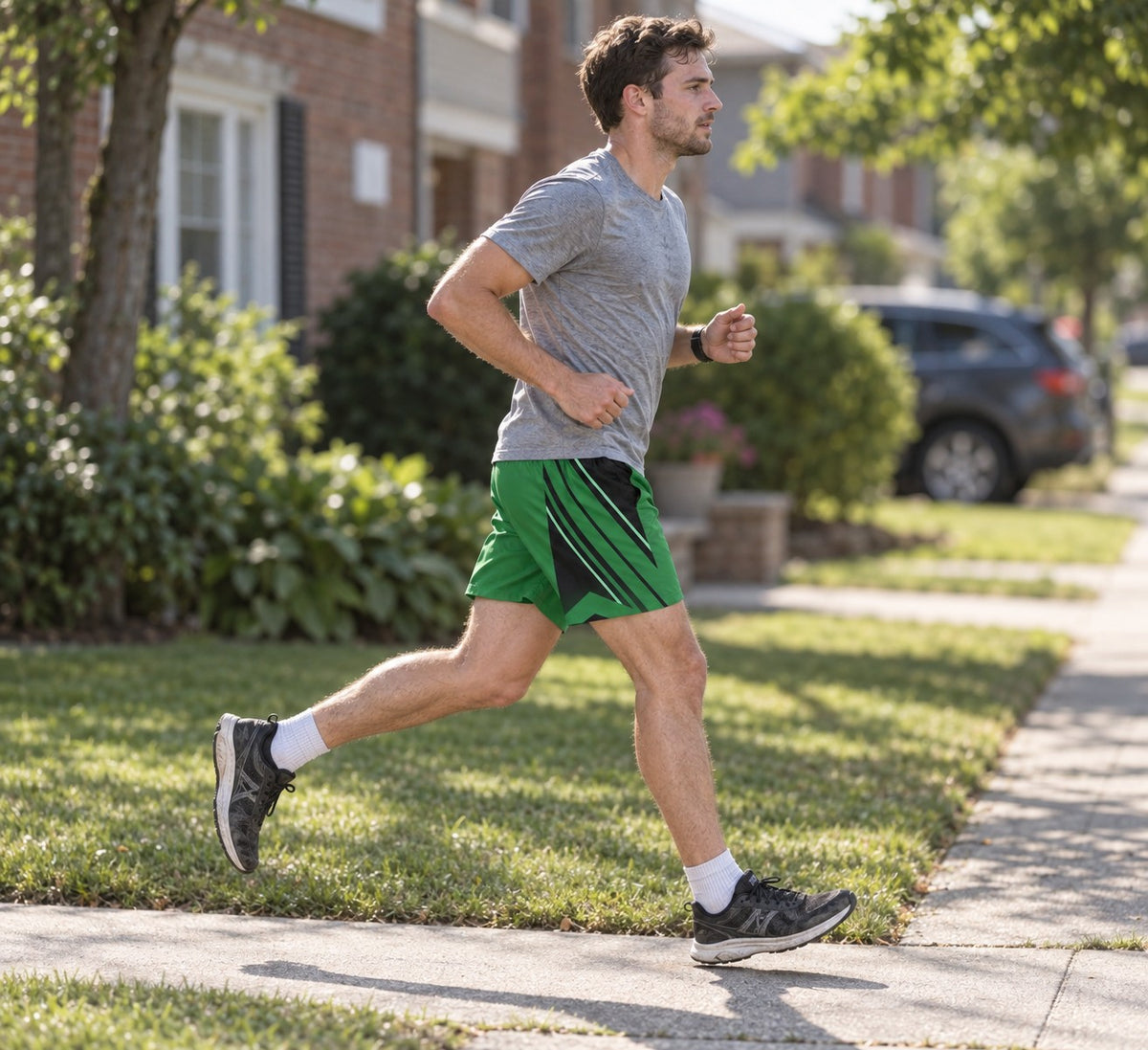 Runner wearing Men's Forest Green & Black Running Jogger Shorts with Pockets — Athletic Performance AOP — side view