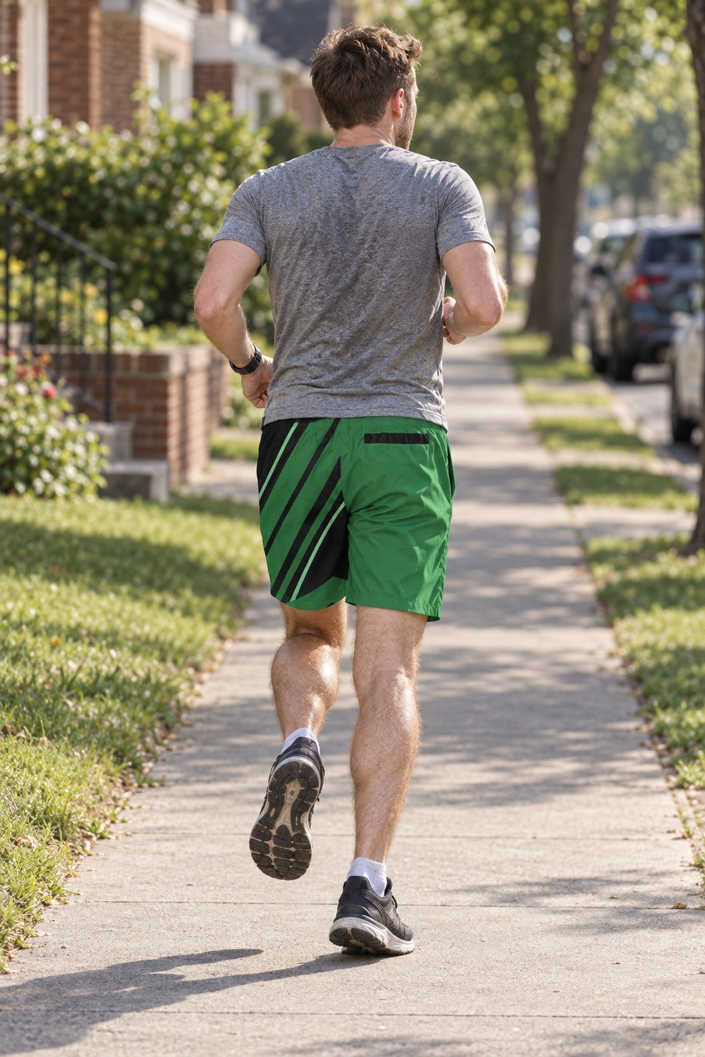 Runner wearing Men's Forest Green & Black Running Jogger Shorts with Pockets — Athletic Performance AOP — rear view