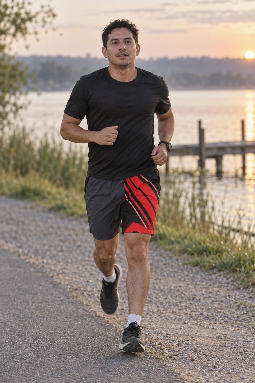 Runner wearing Men's Gunmetal & Red Running Jogger Shorts with Pockets — Athletic Performance AOP