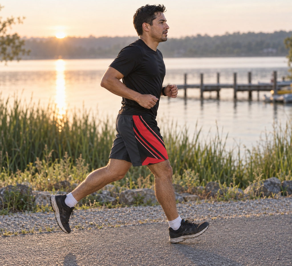 Runner wearing Men's Gunmetal & Red Running Jogger Shorts with Pockets — Athletic Performance AOP — side view