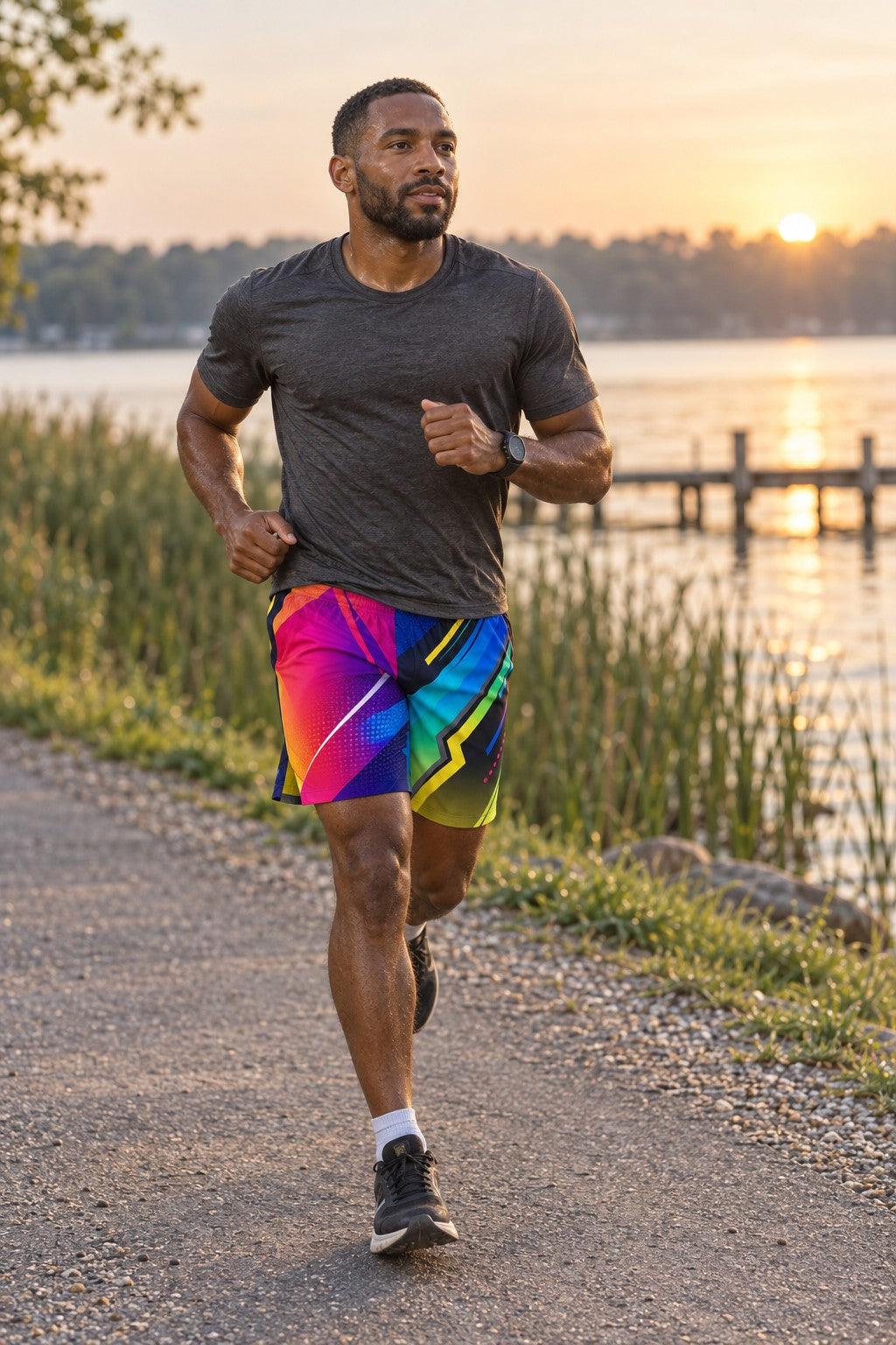 Runner wearing Men's Abstract Neon Colorful Geometric Jogger Athletic Shorts with Pockets