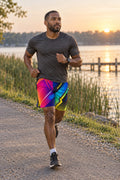 Runner wearing Men's Abstract Neon Colorful Geometric Jogger Athletic Shorts with Pockets