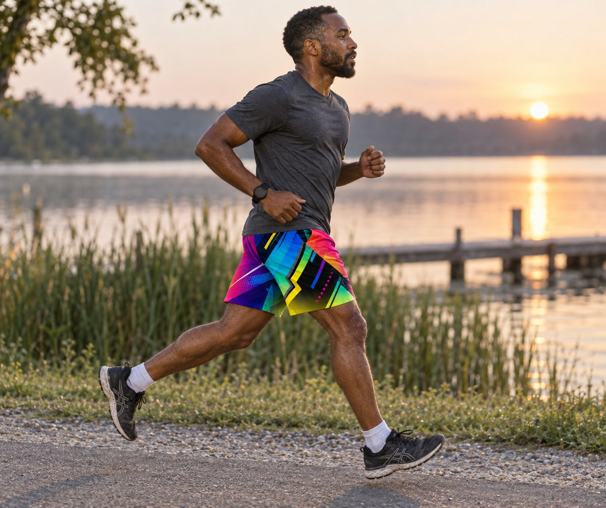 Runner wearing Men's Abstract Neon Colorful Geometric Jogger Athletic Shorts with Pockets — side view