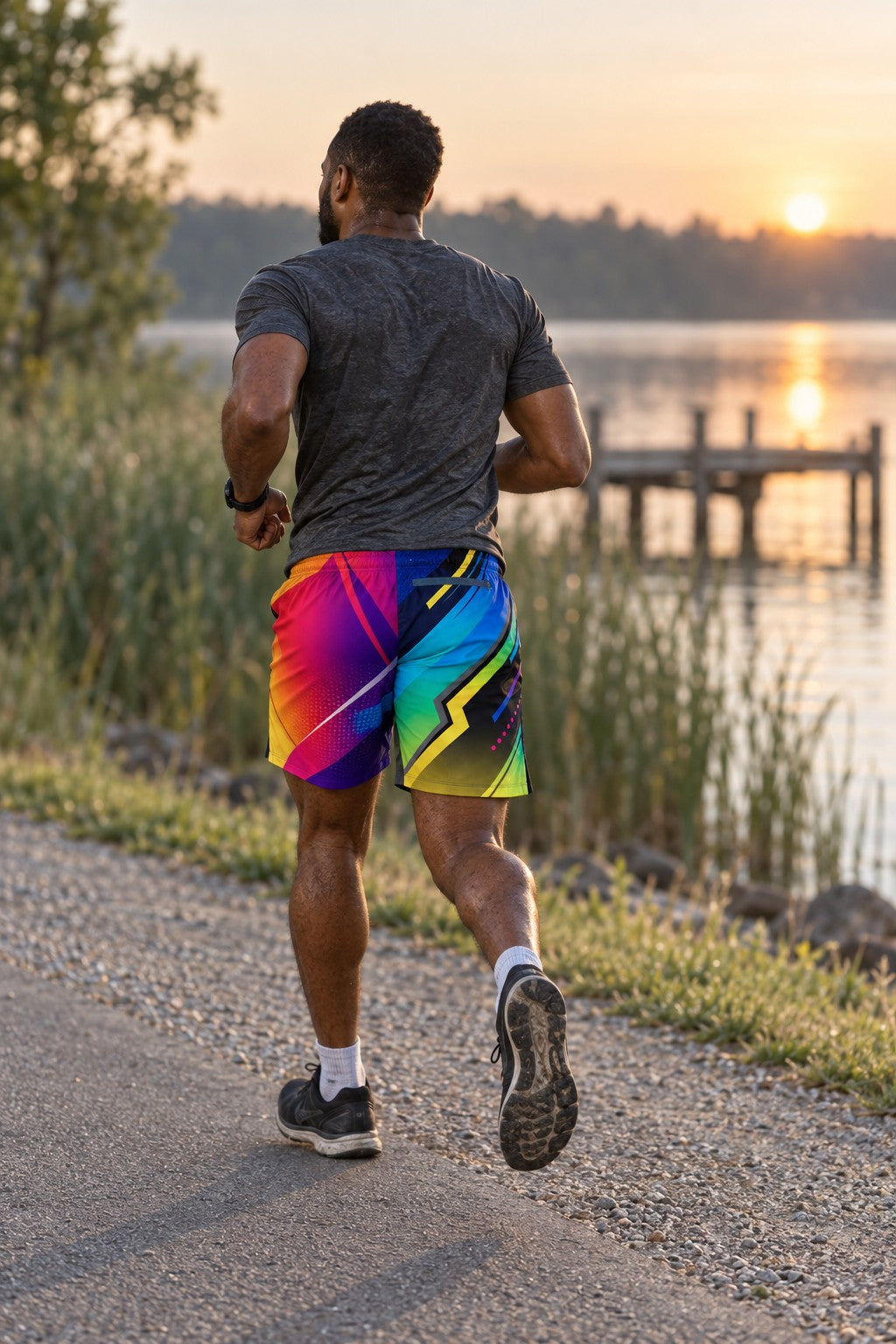 Runner wearing Men's Abstract Neon Colorful Geometric Jogger Athletic Shorts with Pockets — rear view