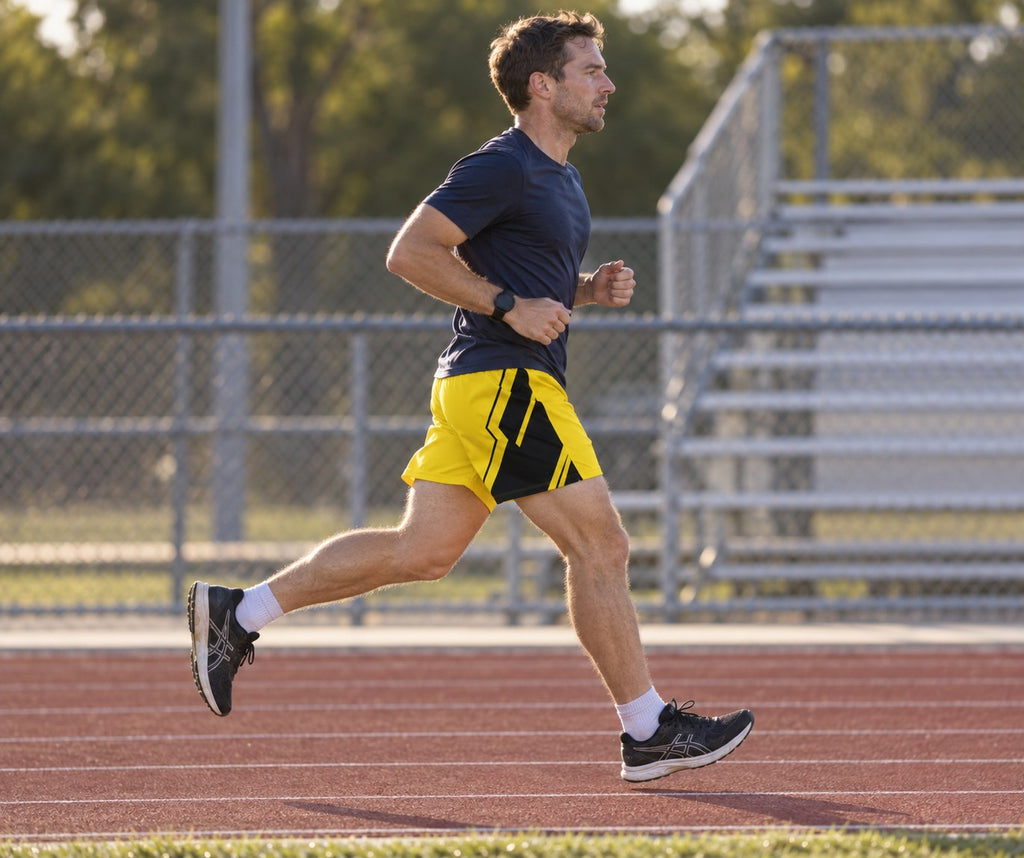 Runner wearing Men's Yellow & Black Geometric Jogger Athletic Shorts with Pockets — side view