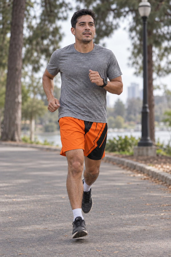 Men's Orange & Black Geometric Jogger Athletic Shorts with Pockets