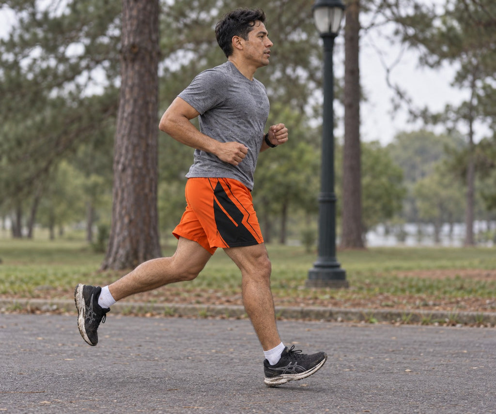 Runner wearing Men's Orange & Black Geometric Jogger Athletic Shorts with Pockets — side view