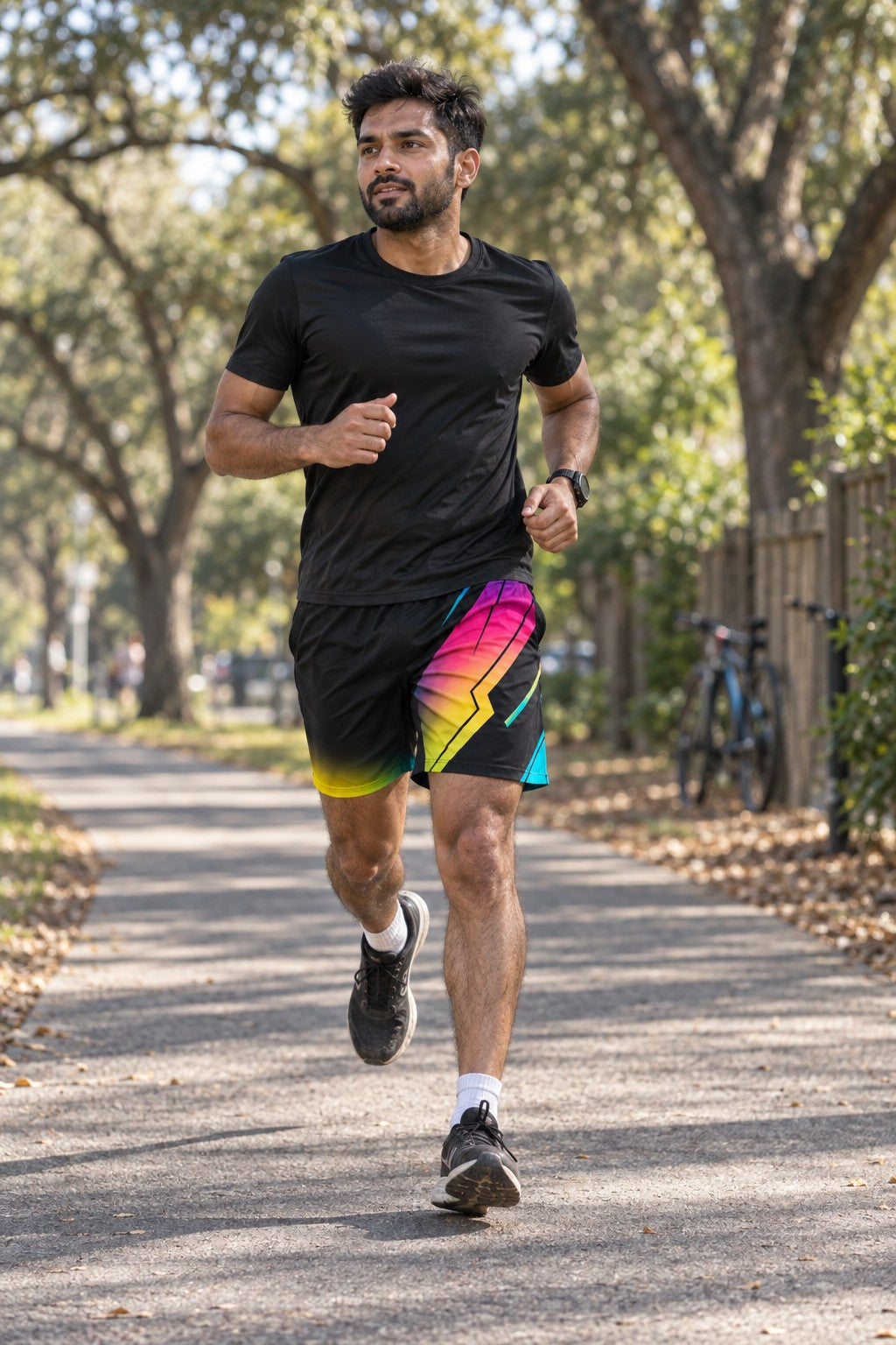 Runner wearing Men's Neon Gradient Black Geometric Jogger Athletic Shorts with Pockets