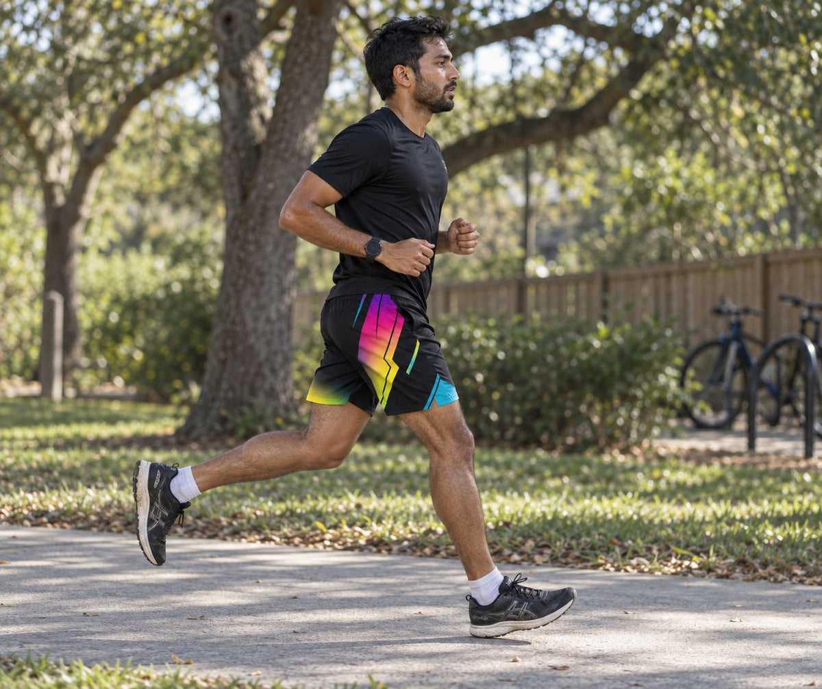 Runner wearing Men's Neon Gradient Black Geometric Jogger Athletic Shorts with Pockets — side view