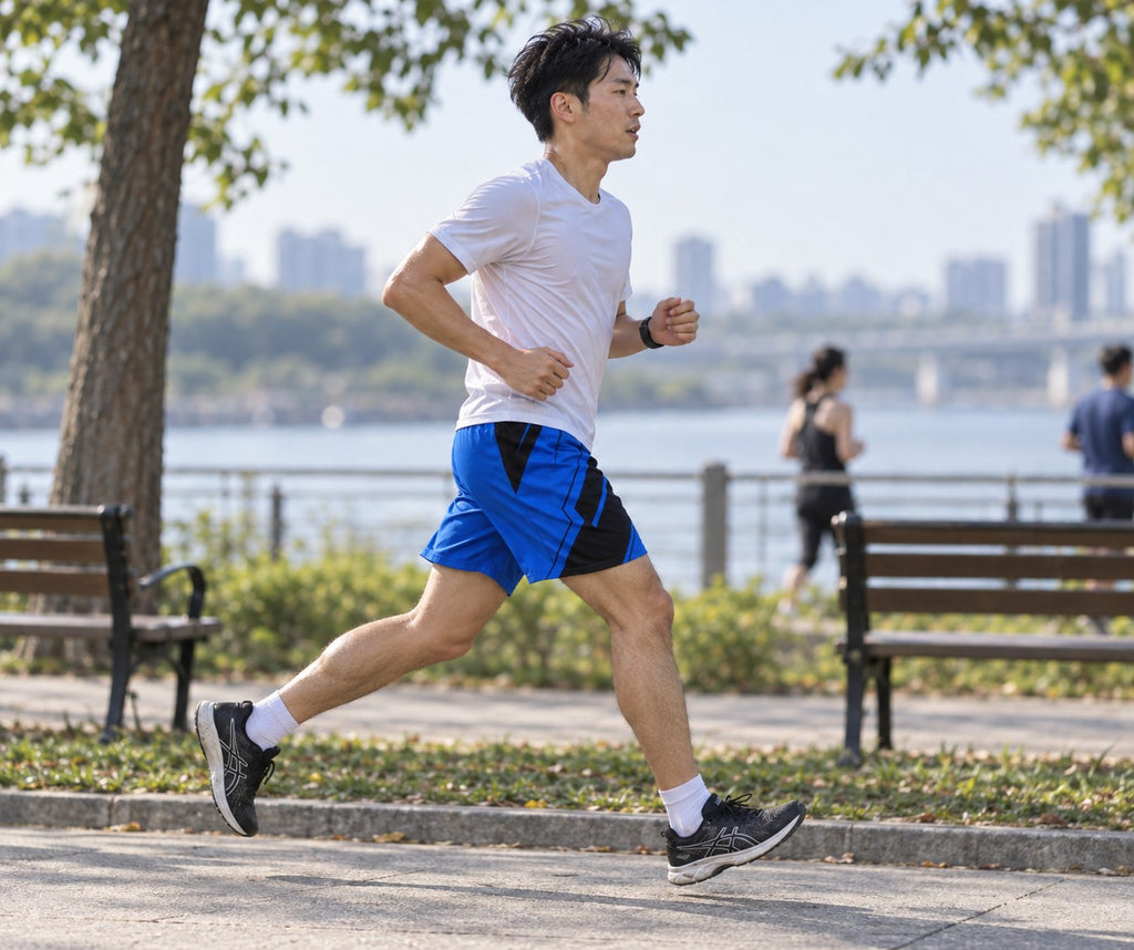 Runner wearing Men's Royal Blue & Black Geometric Jogger Athletic Shorts with Pockets — side view