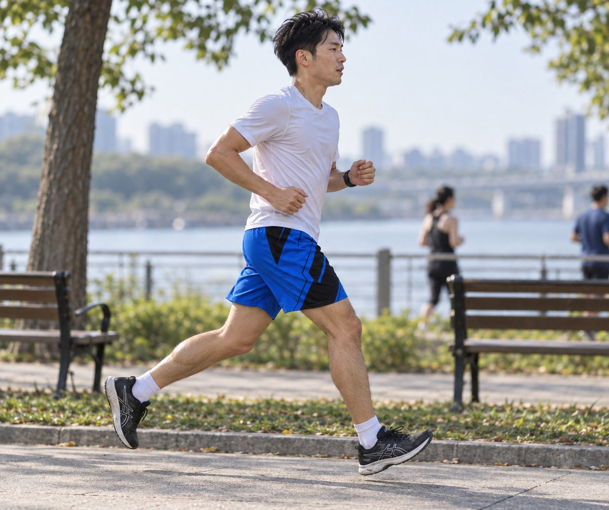 Runner wearing Men's Royal Blue & Black Geometric Jogger Athletic Shorts with Pockets — side view