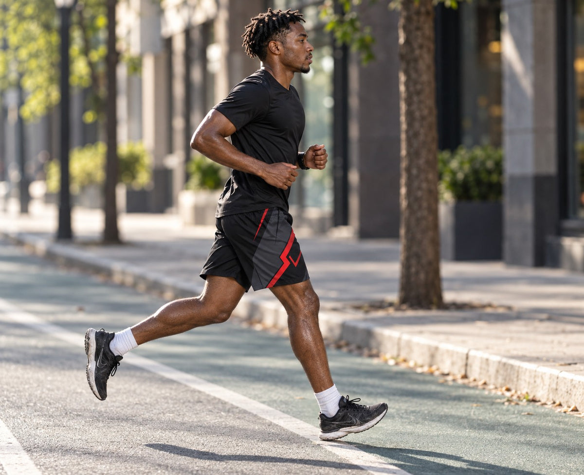Runner wearing Men's Black & Red Performance Jogger Athletic Shorts with Pockets — side view