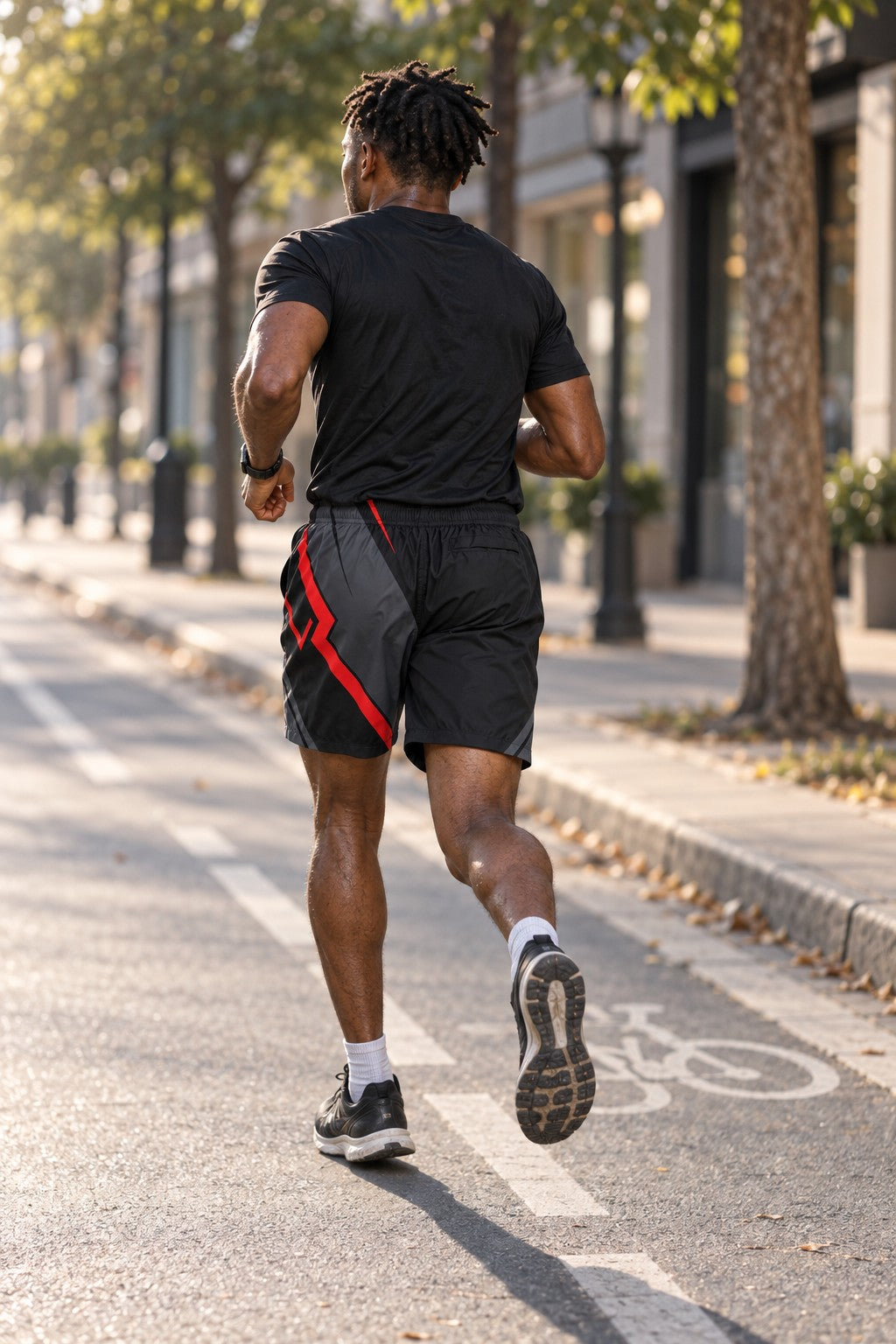 Runner wearing Men's Black & Red Performance Jogger Athletic Shorts with Pockets — rear view