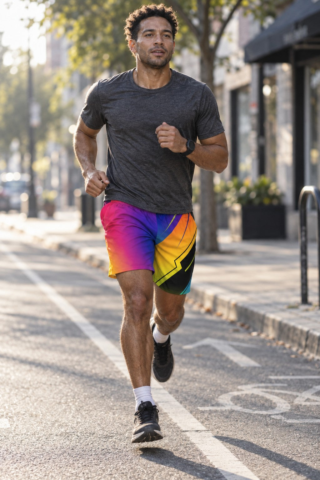 Runner wearing Men's Vibrant Gradient Geometric Jogger Athletic Shorts with Pockets