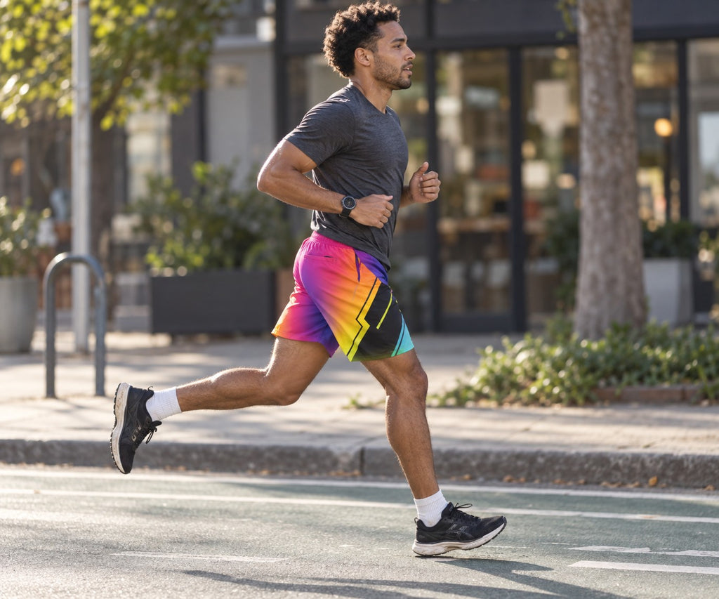 Runner wearing Men's Vibrant Gradient Geometric Jogger Athletic Shorts with Pockets — side view