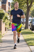 Runner wearing Men's Neon Abstract Vibrant Geometric Jogger Athletic Shorts with Pockets