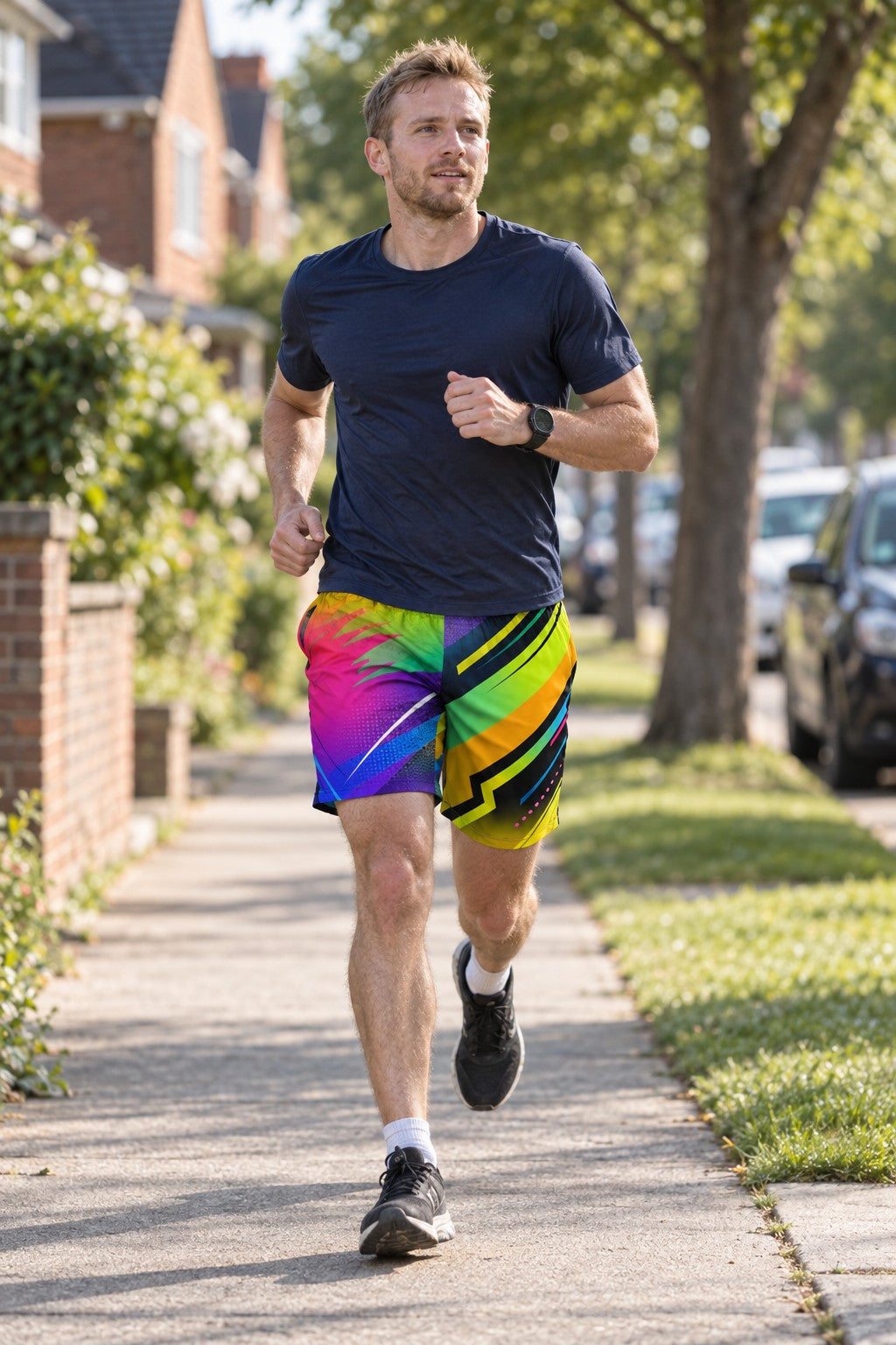 Runner wearing Men's Neon Abstract Vibrant Geometric Jogger Athletic Shorts with Pockets