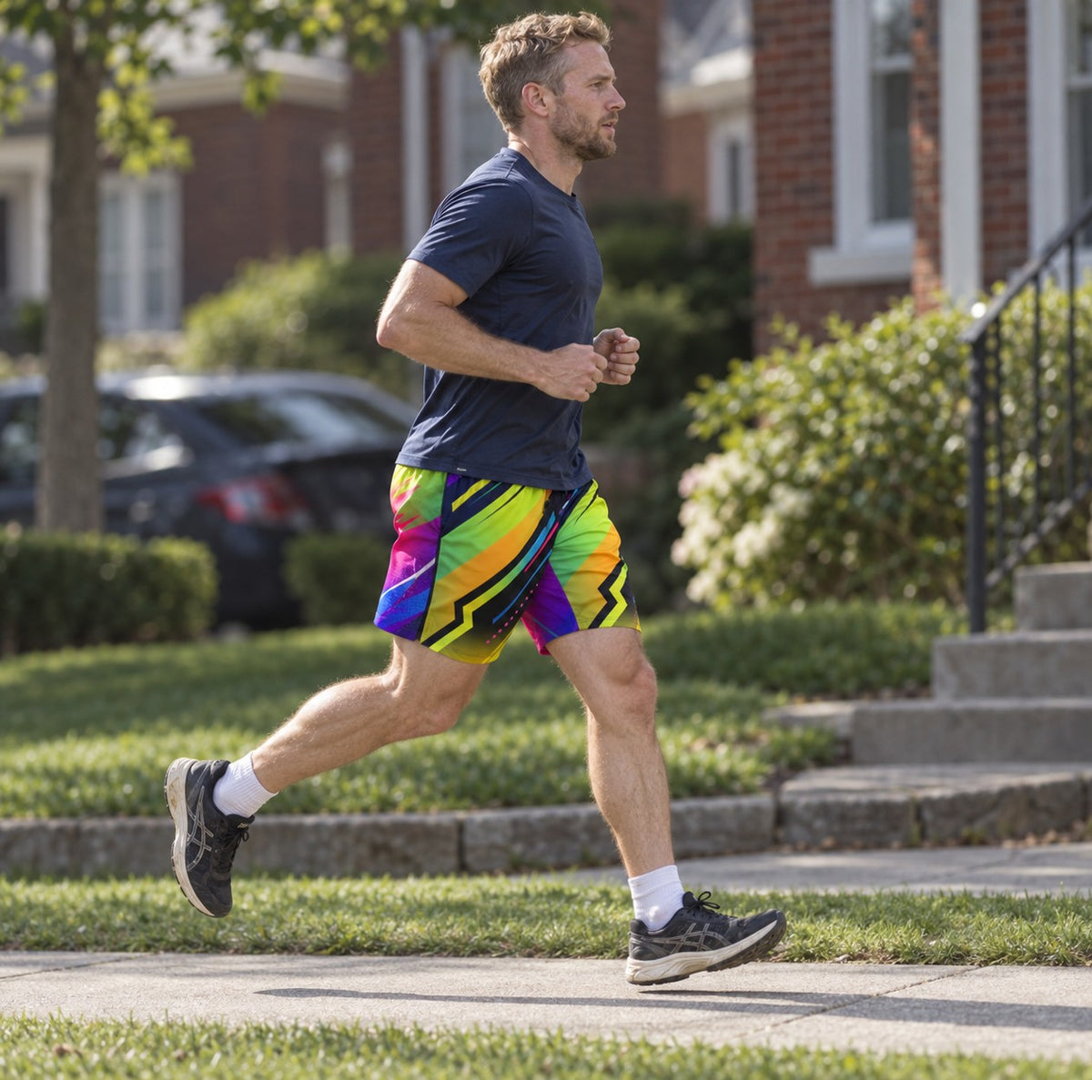 Runner wearing Men's Neon Abstract Vibrant Geometric Jogger Athletic Shorts with Pockets — side view