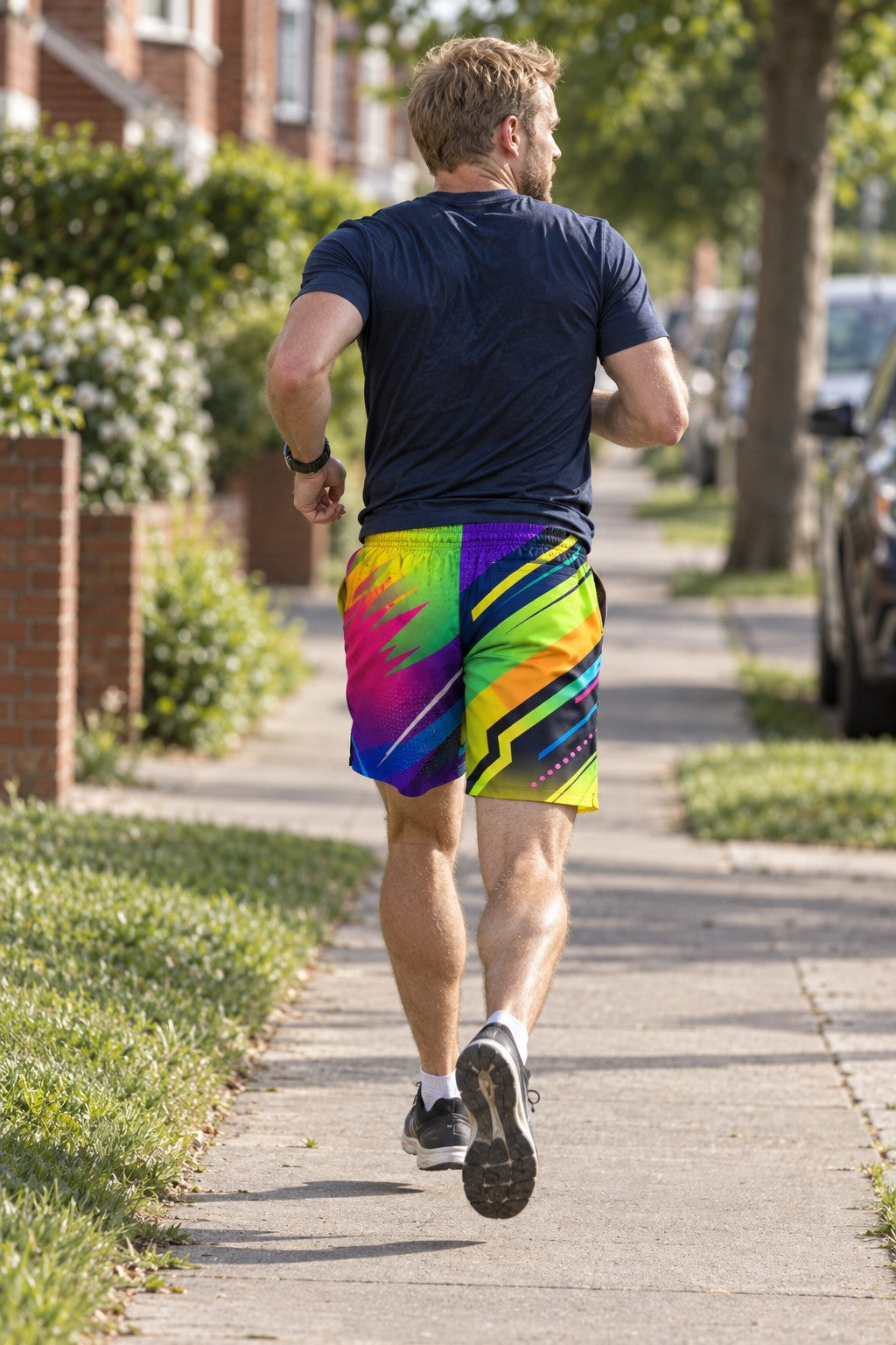 Runner wearing Men's Neon Abstract Vibrant Geometric Jogger Athletic Shorts with Pockets — rear view