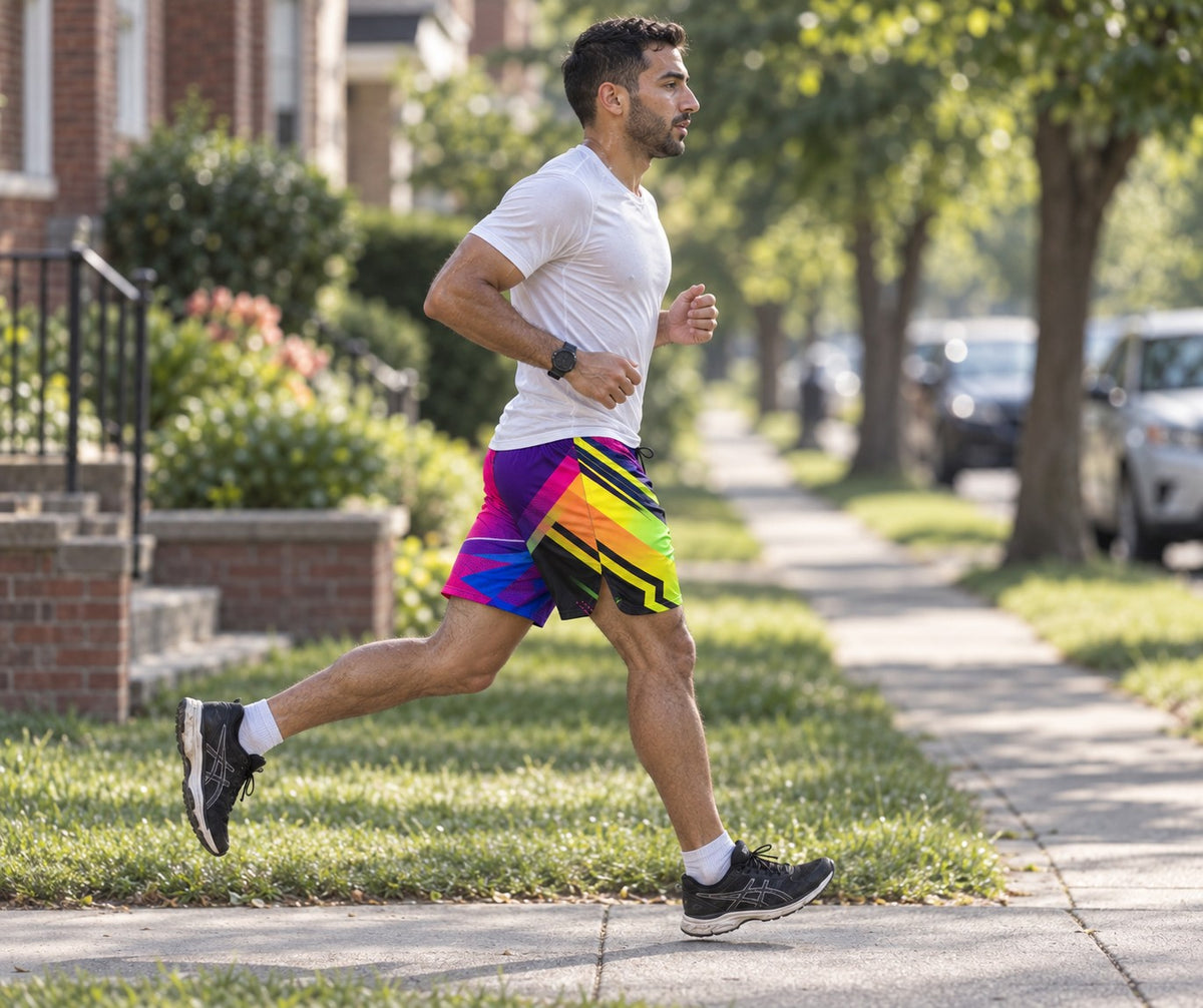 Runner wearing Men's Neon Geometric Vibrant Jogger Athletic Shorts — side view