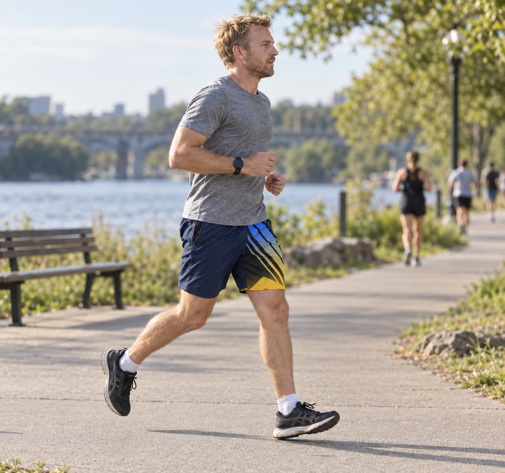 Runner wearing Men's Retro Lightning Blue & Gold Running Jogger Shorts with Pockets — Athletic Performance AOP — side view