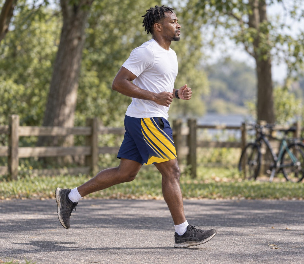 Runner wearing Men's Navy & Gold Running Jogger Shorts with Pockets — Athletic Performance AOP — side view