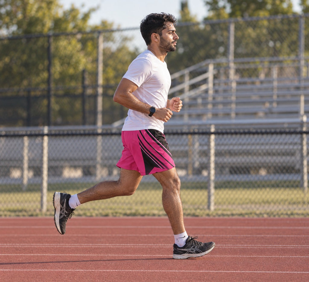 Runner wearing Men's Neon Pink & Black Running Jogger Shorts with Pockets — Athletic Performance AOP — side view