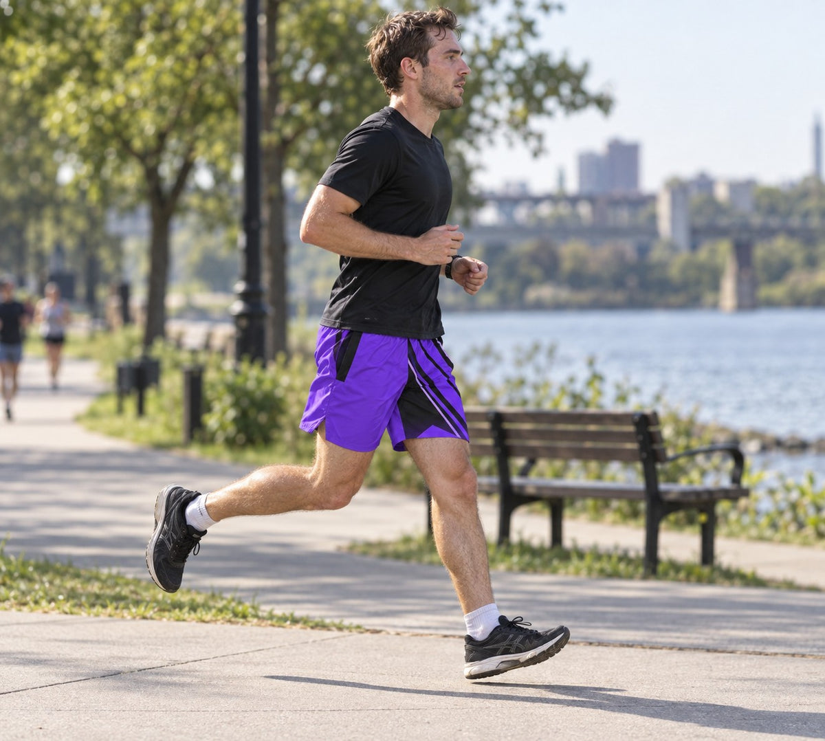 Runner wearing Men's Electric Purple & Black Running Jogger Shorts with Pockets — Athletic Performance AOP — side view