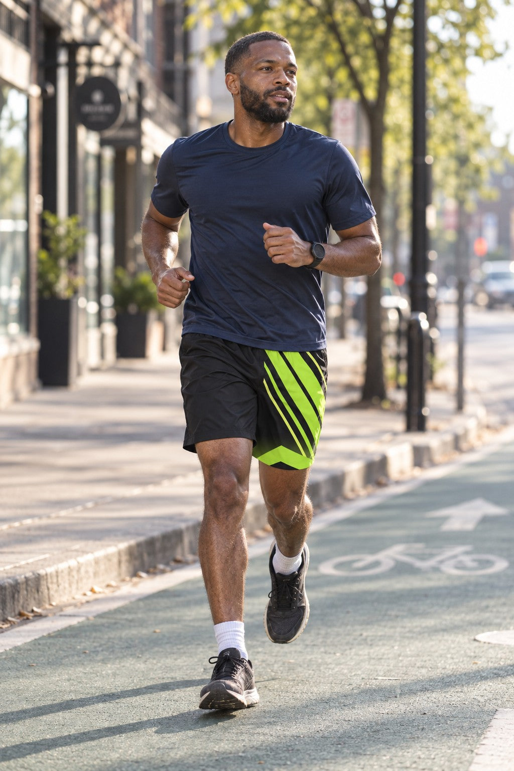Runner wearing Men's Stealth Black & Volt Running Jogger Shorts with Pockets — Athletic Performance AOP