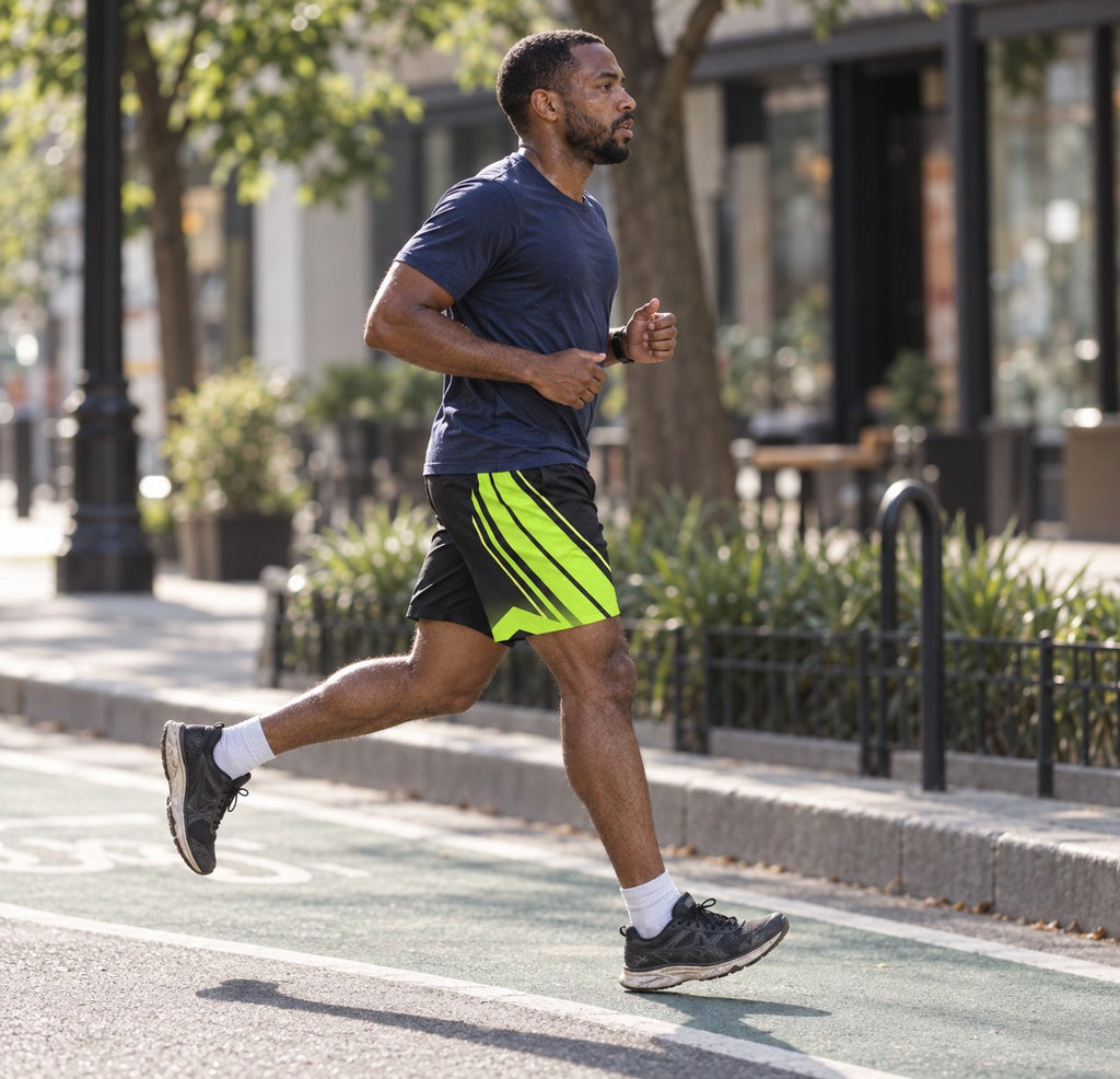 Runner wearing Men's Stealth Black & Volt Running Jogger Shorts with Pockets — Athletic Performance AOP — side view
