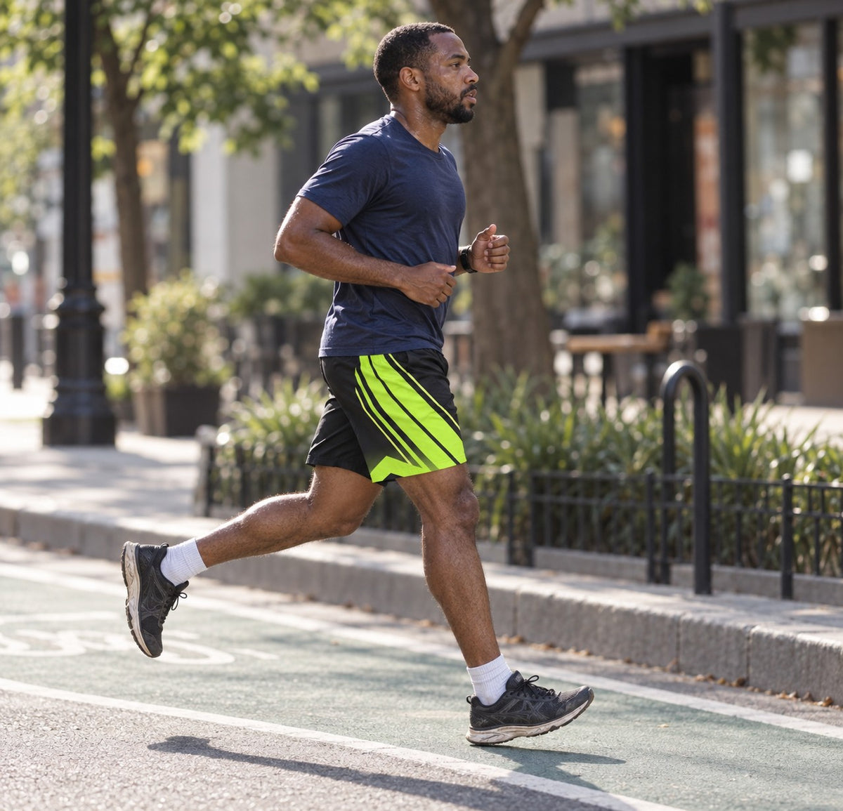 Runner wearing Men's Stealth Black & Volt Running Jogger Shorts with Pockets — Athletic Performance AOP — side view