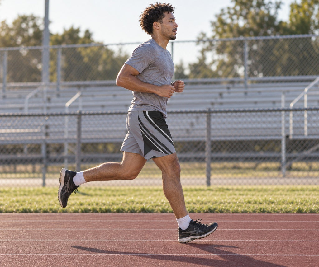 Runner wearing Men's Steel Gray & Black Running Jogger Shorts with Pockets — Athletic Performance AOP — side view