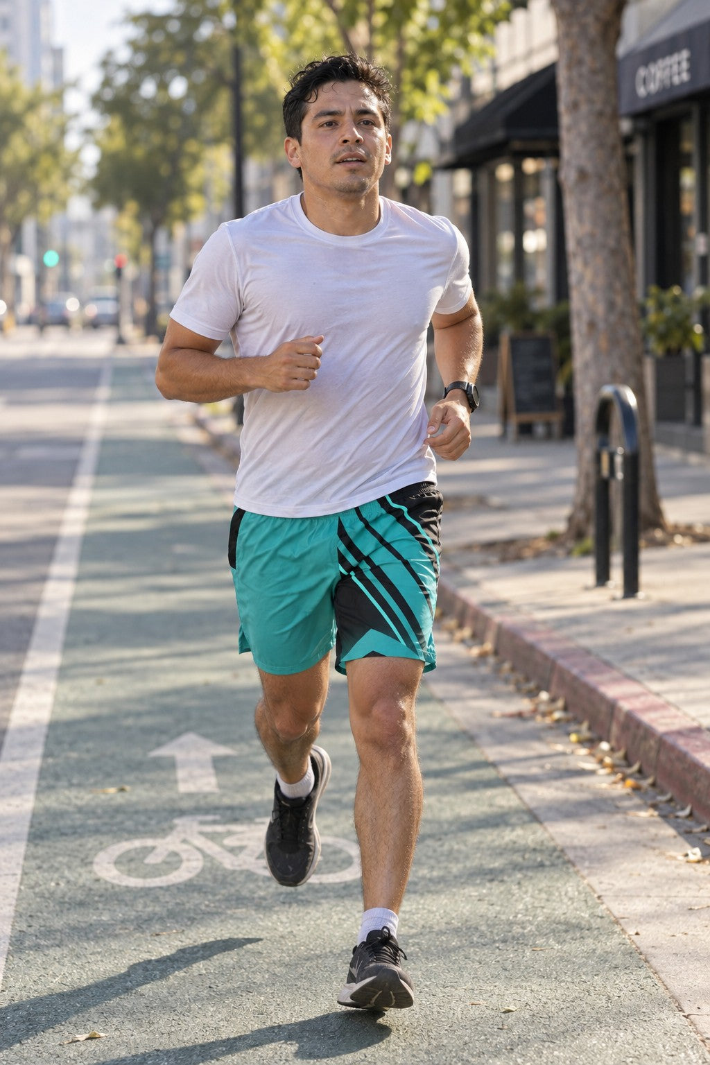 Runner wearing Men's Teal & Black Running Jogger Shorts with Pockets — Athletic Performance AOP