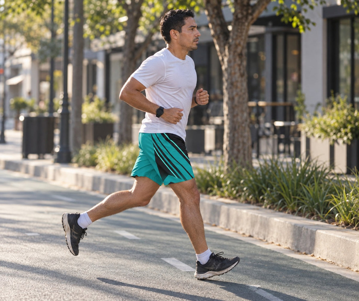 Runner wearing Men's Teal & Black Running Jogger Shorts with Pockets — Athletic Performance AOP — side view