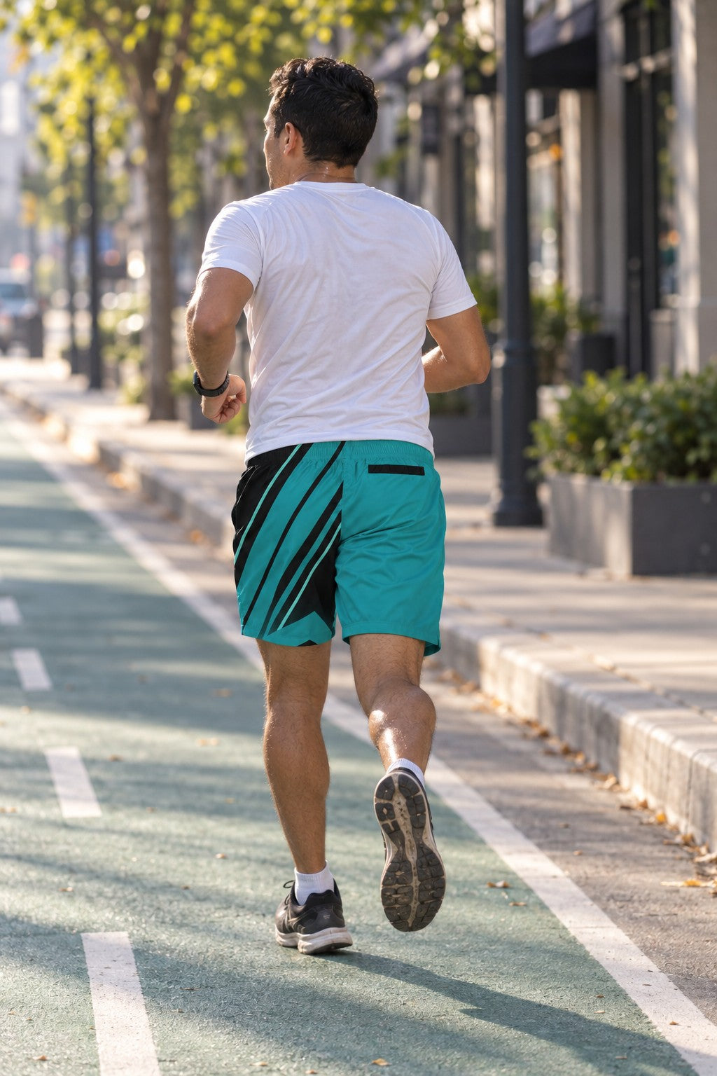 Runner wearing Men's Teal & Black Running Jogger Shorts with Pockets — Athletic Performance AOP — rear view