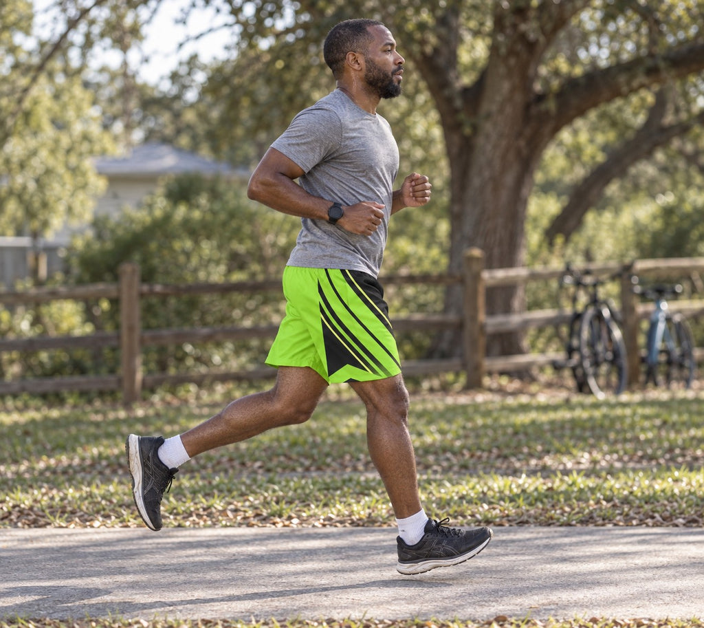 Runner wearing Men's Volt Green & Black Running Jogger Shorts with Pockets — Athletic Performance AOP — side view
