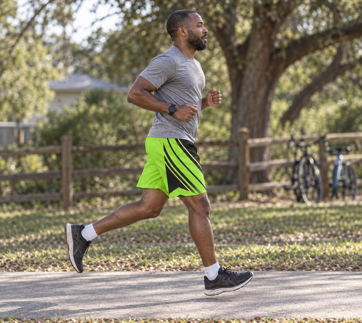 Runner wearing Men's Volt Green & Black Running Jogger Shorts with Pockets — Athletic Performance AOP — side view