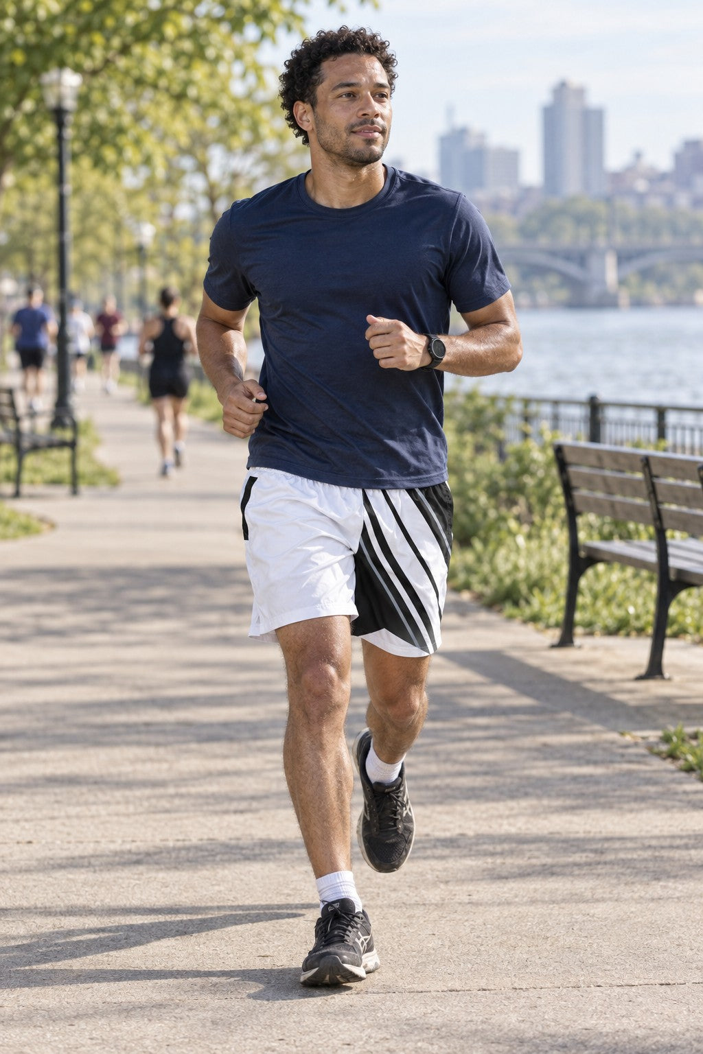 Runner wearing Men's Arctic White & Black Running Jogger Shorts with Pockets — Athletic Performance AOP