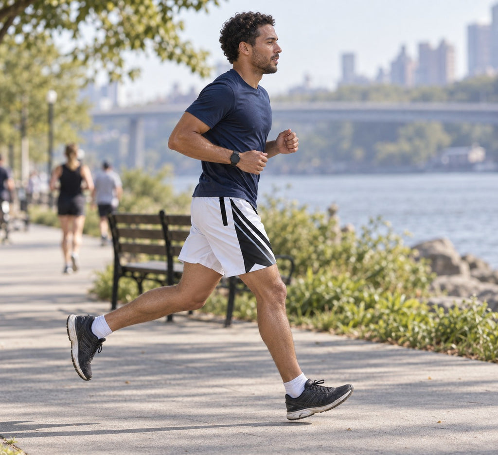 Runner wearing Men's Arctic White & Black Running Jogger Shorts with Pockets — Athletic Performance AOP — side view