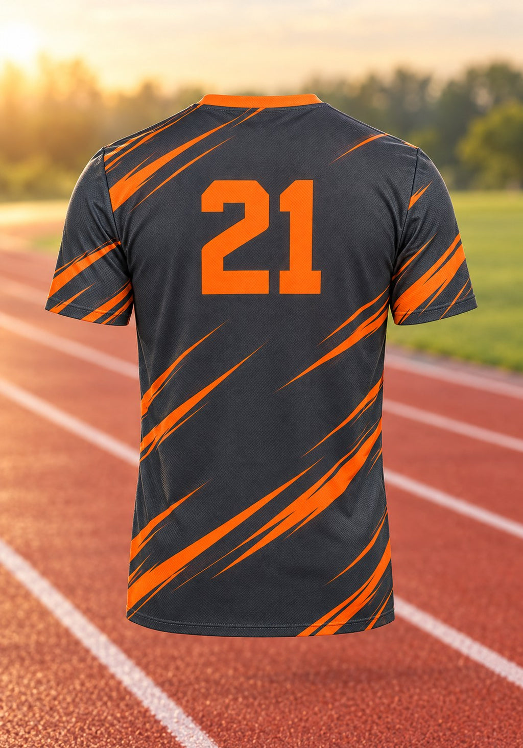 Custom Men's Performance Tee back view in charcoal and orange, example design