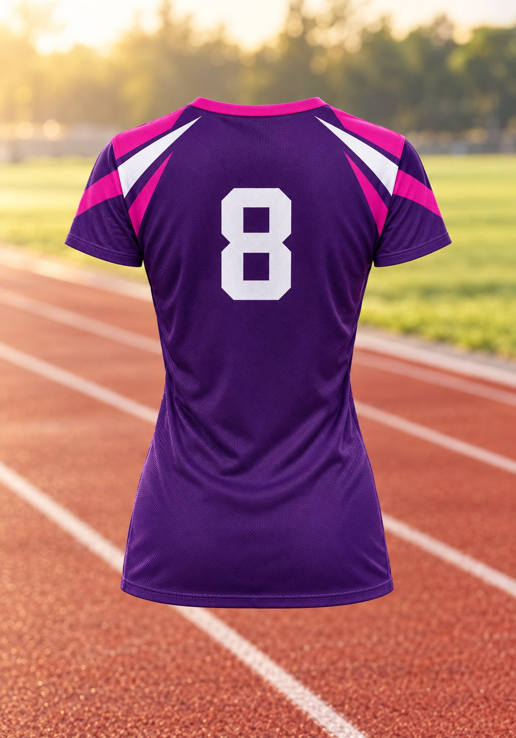 Custom Women's Performance Tee back view in purple and magenta, example design