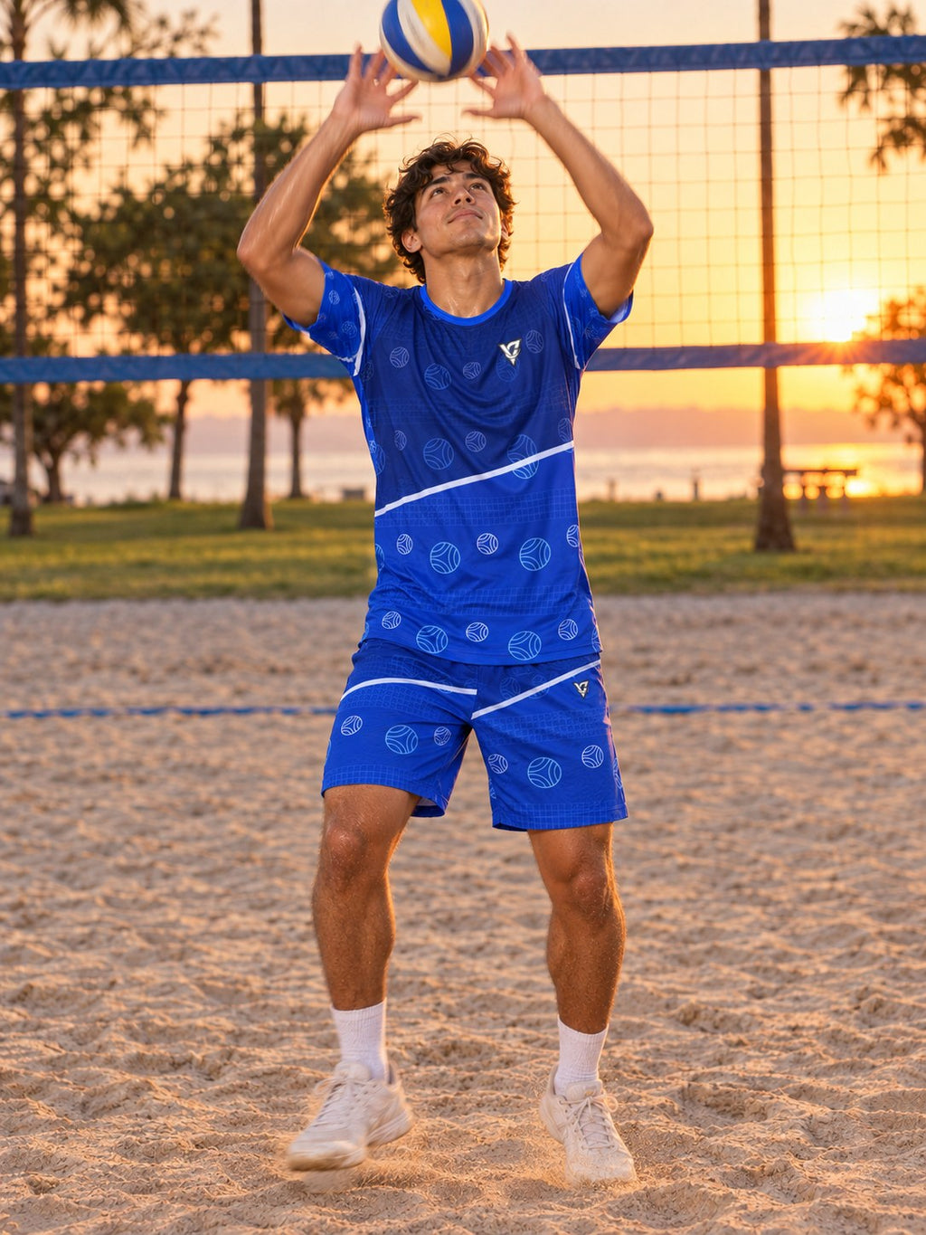 Volleyball Royal Ice Spike Panel Men's Athletic Shorts with Pockets, in action