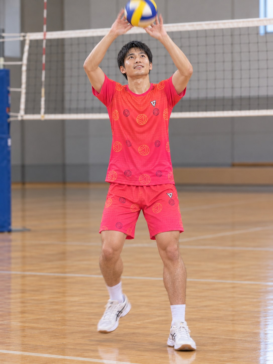 Volleyball Sunset Fade Spike Panel Men's Athletic Shorts with Pockets, in action