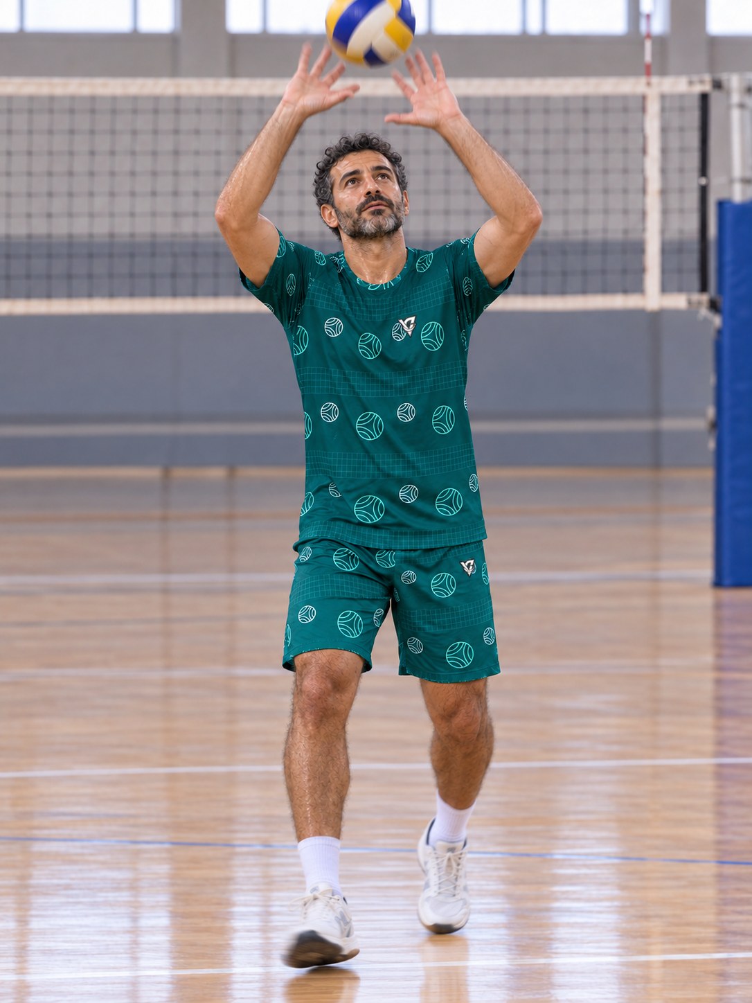 Volleyball Teal Wave Spike Panel Men's Athletic Shorts with Pockets, in action